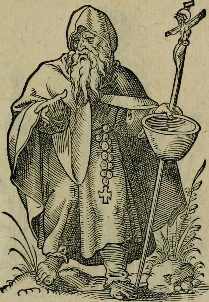 An illustration from Cleri totius Romanae ecclesiae subiecti, seu, Pontificiorvm ordinvm omnivm omnino vtrivsqve sexvs, habitvs, artificiosissimis figuris, quibus Francisci Modii singula octosticha adiecta sunt, nunc primùm à Ivdoco Ammanno expressi: neqve vnquam antehac similiter editi. Addito libello singvlari eivsdem Francisci Modij Brug. in quo cuiusque ordinis ecclesiastici origo, progressus & vestitus ratio breuiter ex variis historicis delineatur, 1585, leaf 94