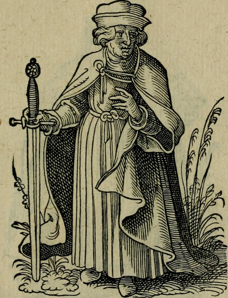 An illustration from Cleri totius Romanae ecclesiae subiecti, seu, Pontificiorvm ordinvm omnivm omnino vtrivsqve sexvs, habitvs, artificiosissimis figuris, quibus Francisci Modii singula octosticha adiecta sunt, nunc primùm à Ivdoco Ammanno expressi: neqve vnquam antehac similiter editi. Addito libello singvlari eivsdem Francisci Modij Brug. in quo cuiusque ordinis ecclesiastici origo, progressus & vestitus ratio breuiter ex variis historicis delineatur, 1585, leaf 96