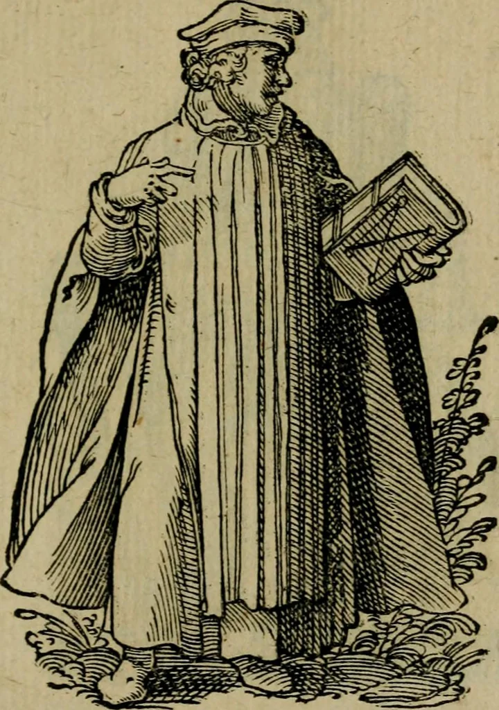 An illustration from Cleri totius Romanae ecclesiae subiecti, seu, Pontificiorvm ordinvm omnivm omnino vtrivsqve sexvs, habitvs, artificiosissimis figuris, quibus Francisci Modii singula octosticha adiecta sunt, nunc primùm à Ivdoco Ammanno expressi: neqve vnquam antehac similiter editi. Addito libello singvlari eivsdem Francisci Modij Brug. in quo cuiusque ordinis ecclesiastici origo, progressus & vestitus ratio breuiter ex variis historicis delineatur, 1585, leaf 98
