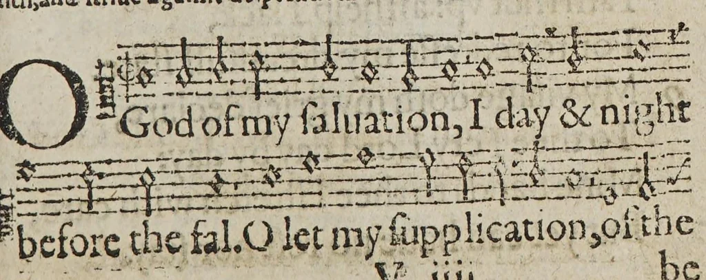 An illustration from The CL. Psalmes of David in meter. : With prayers and catechisme, according to the forme vsed in the Kirk of Scotland. With sundrie other things qubilk [sic] fall be declared in the table next following the kalender., 1596, leaf 427