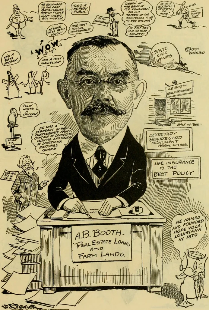 An illustration from Club men of Louisiana in caricature, 1917, leaf 356