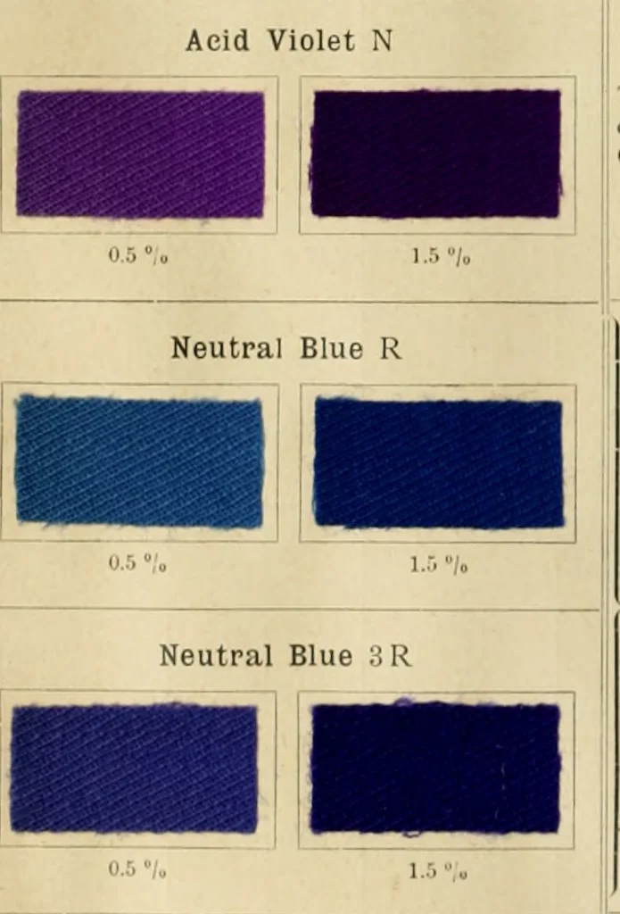 An illustration from The coal tar colours of Farbwerke vorm. Meister Lucius & Brüning, Hoechst on Main, Germany and their application in wool dyeing, 1910, leaf 73