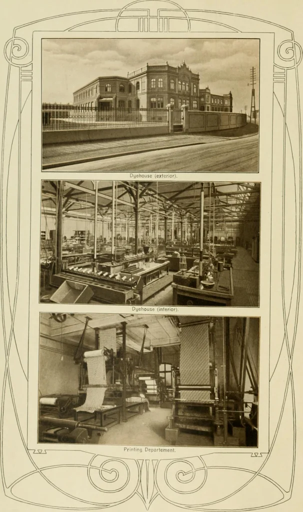 An illustration from The coal tar colours of Farbwerke vorm. Meister Lucius & Brüning : Hoechst on Main : and their application in dyeing cotton and other vegetable fibres, 1907, leaf 5