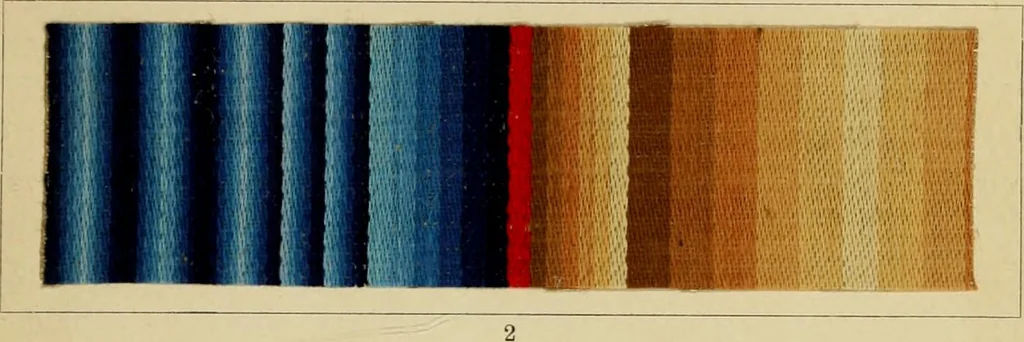 An illustration from The coal tar colours of Farbwerke vorm. Meister Lucius & Brüning : Hoechst on Main : and their application in dyeing cotton and other vegetable fibres, 1907, leaf 84