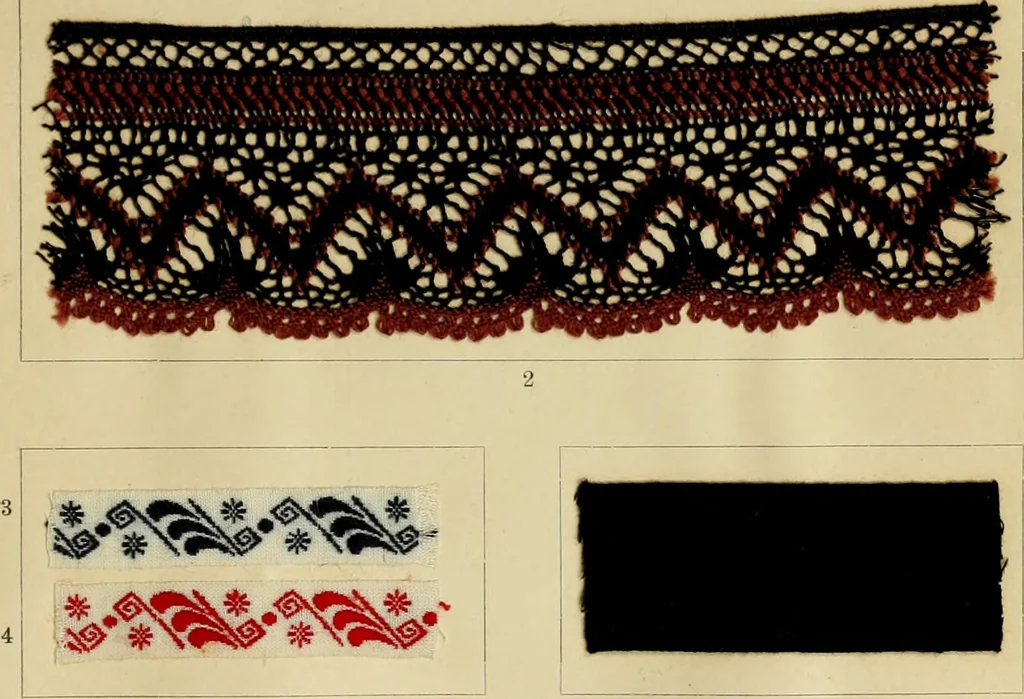 An illustration from The coal tar colours of Farbwerke vorm. Meister Lucius & Brüning : Hoechst on Main : and their application in dyeing cotton and other vegetable fibres, 1907, leaf 92