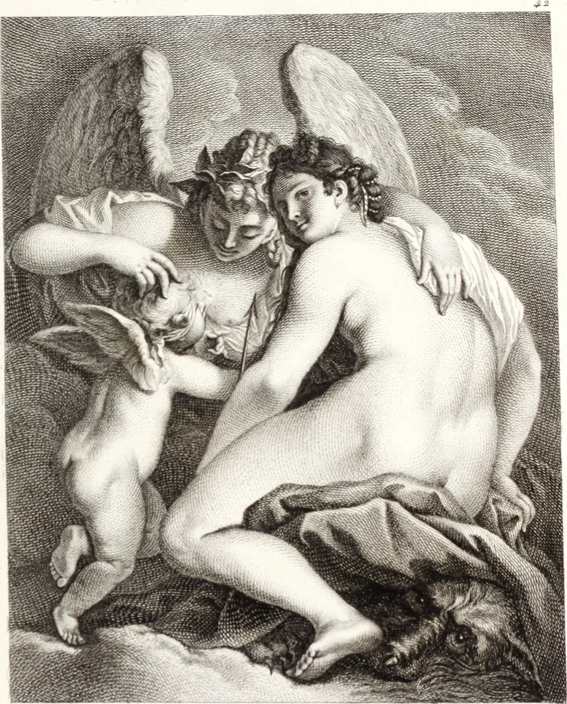 An illustration from Collection de cent-vingt estampes, gravée d'après les tableaux & dessins qui composoient le cabinet de m. Poullain ... précédée d'un abrégé historique de la vie des auteurs qui la composent ... Cette suite a été exécutée sous la direction du sieur Fr. Basan ... par de jeunes artistes des deux sexes, dont les talens se font connoître & accroissent de jour en jour. Le sr. Moitte ... en avoit fait les dessins, d'après les tableaux .., 1781, leaf 110