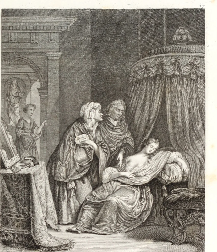 An illustration from Collection de cent-vingt estampes, gravée d'après les tableaux & dessins qui composoient le cabinet de m. Poullain ... précédée d'un abrégé historique de la vie des auteurs qui la composent ... Cette suite a été exécutée sous la direction du sieur Fr. Basan ... par de jeunes artistes des deux sexes, dont les talens se font connoître & accroissent de jour en jour. Le sr. Moitte ... en avoit fait les dessins, d'après les tableaux .., 1781, leaf 140