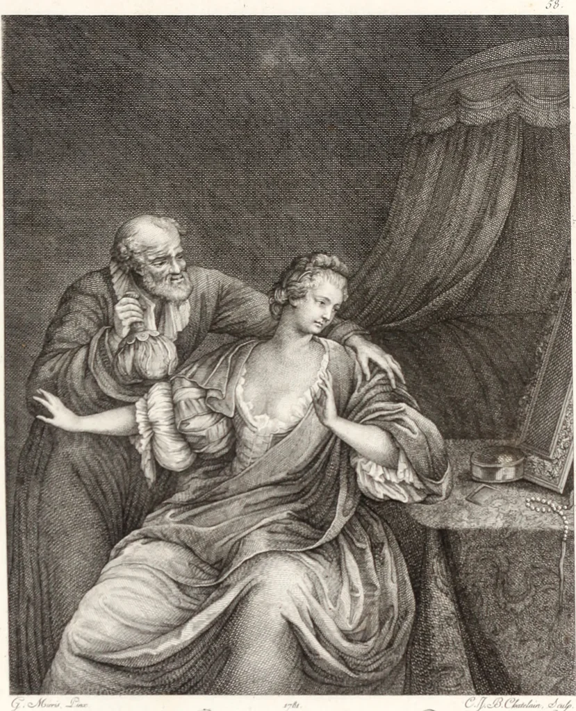 An illustration from Collection de cent-vingt estampes, gravée d'après les tableaux & dessins qui composoient le cabinet de m. Poullain ... précédée d'un abrégé historique de la vie des auteurs qui la composent ... Cette suite a été exécutée sous la direction du sieur Fr. Basan ... par de jeunes artistes des deux sexes, dont les talens se font connoître & accroissent de jour en jour. Le sr. Moitte ... en avoit fait les dessins, d'après les tableaux .., 1781, leaf 142
