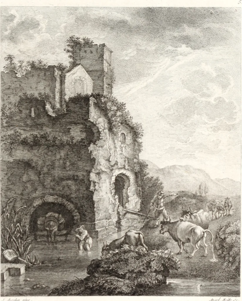 An illustration from Collection de cent-vingt estampes, gravée d'après les tableaux & dessins qui composoient le cabinet de m. Poullain ... précédée d'un abrégé historique de la vie des auteurs qui la composent ... Cette suite a été exécutée sous la direction du sieur Fr. Basan ... par de jeunes artistes des deux sexes, dont les talens se font connoître & accroissent de jour en jour. Le sr. Moitte ... en avoit fait les dessins, d'après les tableaux .., 1781, leaf 36