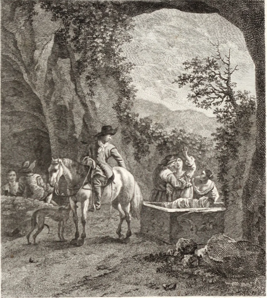 An illustration from Collection de cent-vingt estampes, gravée d'après les tableaux & dessins qui composoient le cabinet de m. Poullain ... précédée d'un abrégé historique de la vie des auteurs qui la composent ... Cette suite a été exécutée sous la direction du sieur Fr. Basan ... par de jeunes artistes des deux sexes, dont les talens se font connoître & accroissent de jour en jour. Le sr. Moitte ... en avoit fait les dessins, d'après les tableaux .., 1781, leaf 38