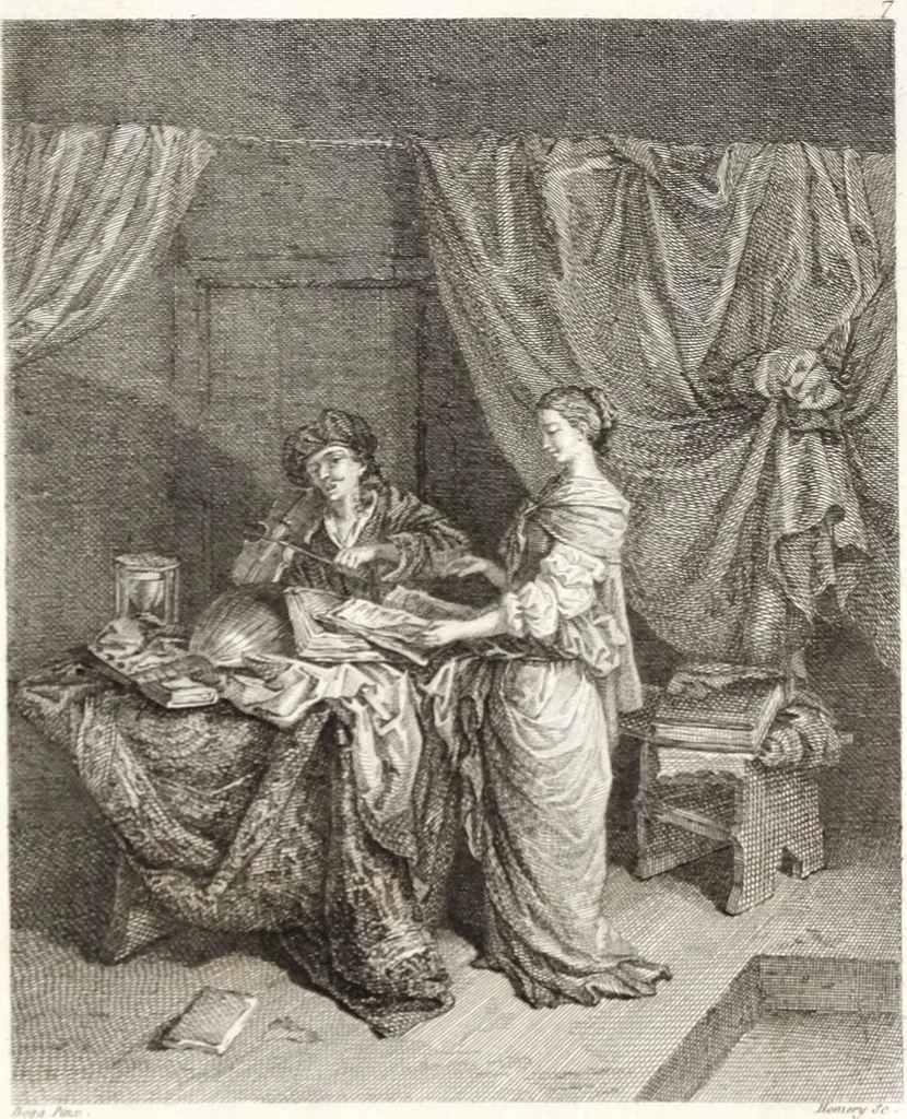 An illustration from Collection de cent-vingt estampes, gravée d'après les tableaux & dessins qui composoient le cabinet de m. Poullain ... précédée d'un abrégé historique de la vie des auteurs qui la composent ... Cette suite a été exécutée sous la direction du sieur Fr. Basan ... par de jeunes artistes des deux sexes, dont les talens se font connoître & accroissent de jour en jour. Le sr. Moitte ... en avoit fait les dessins, d'après les tableaux .., 1781, leaf 40