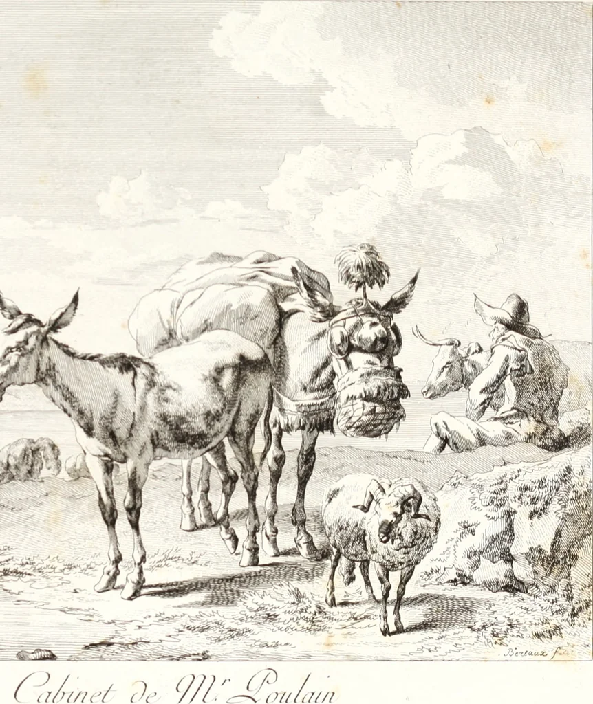 An illustration from Collection de cent-vingt estampes, gravée d'après les tableaux & dessins qui composoient le cabinet de m. Poullain ... précédée d'un abrégé historique de la vie des auteurs qui la composent ... Cette suite a été exécutée sous la direction du sieur Fr. Basan ... par de jeunes artistes des deux sexes, dont les talens se font connoître & accroissent de jour en jour. Le sr. Moitte ... en avoit fait les dessins, d'après les tableaux .., 1781, leaf 42