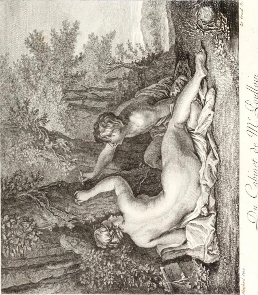 An illustration from Collection de cent-vingt estampes, gravée d'après les tableaux & dessins qui composoient le cabinet de m. Poullain ... précédée d'un abrégé historique de la vie des auteurs qui la composent ... Cette suite a été exécutée sous la direction du sieur Fr. Basan ... par de jeunes artistes des deux sexes, dont les talens se font connoître & accroissent de jour en jour. Le sr. Moitte ... en avoit fait les dessins, d'après les tableaux .., 1781, leaf 54