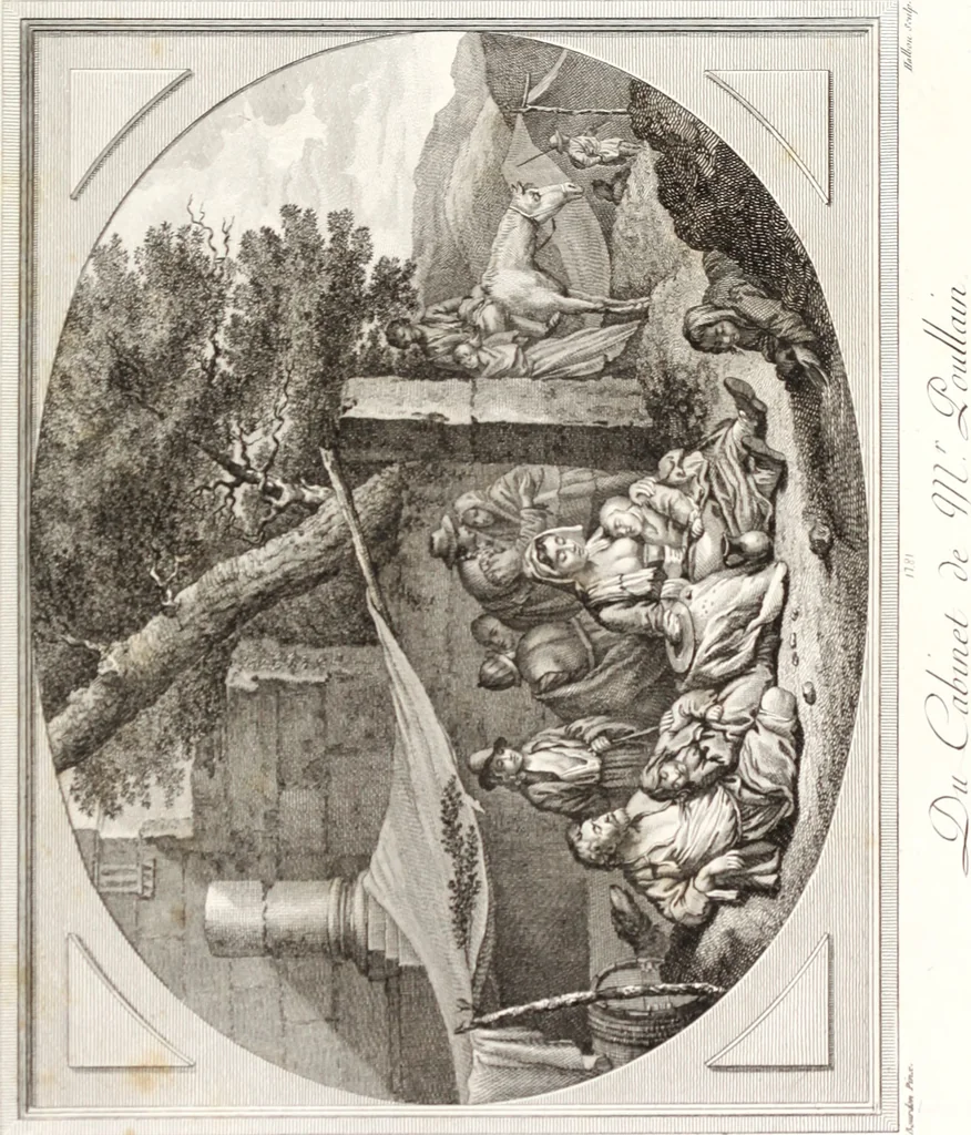 An illustration from Collection de cent-vingt estampes, gravée d'après les tableaux & dessins qui composoient le cabinet de m. Poullain ... précédée d'un abrégé historique de la vie des auteurs qui la composent ... Cette suite a été exécutée sous la direction du sieur Fr. Basan ... par de jeunes artistes des deux sexes, dont les talens se font connoître & accroissent de jour en jour. Le sr. Moitte ... en avoit fait les dessins, d'après les tableaux .., 1781, leaf 56
