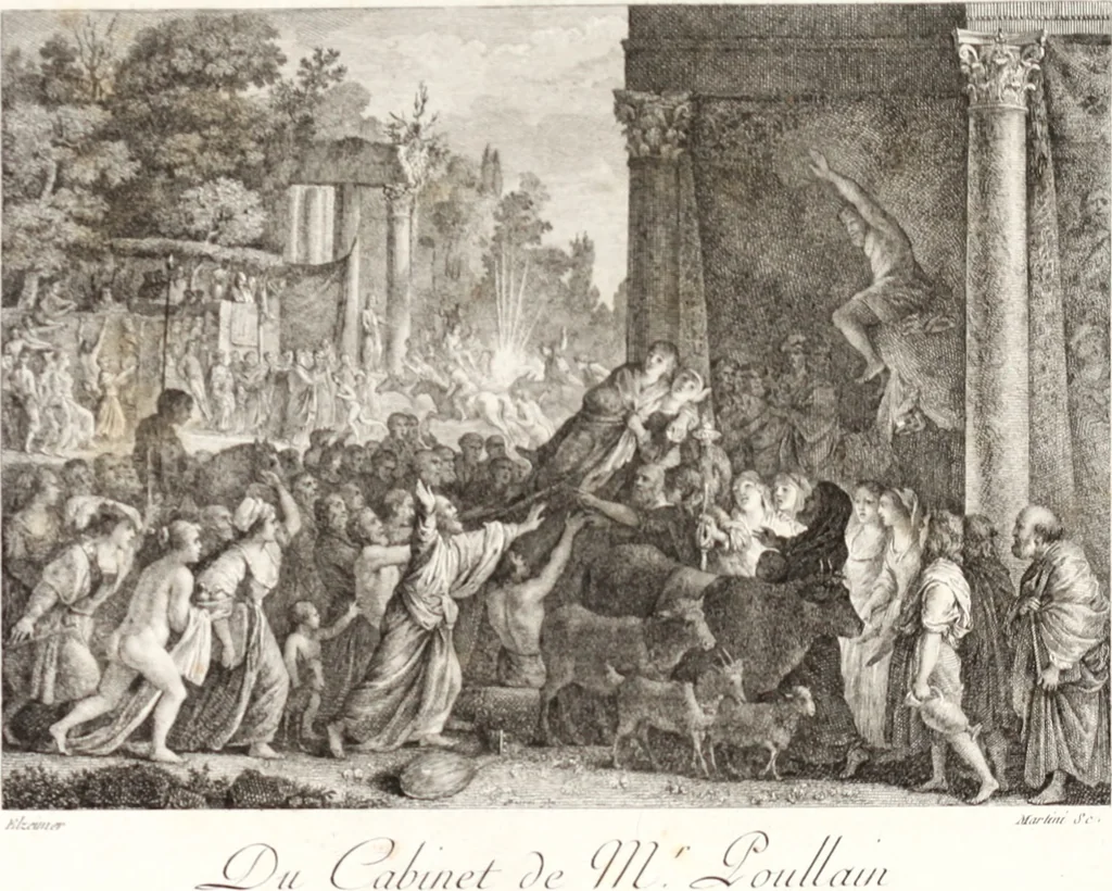 An illustration from Collection de cent-vingt estampes, gravée d'après les tableaux & dessins qui composoient le cabinet de m. Poullain ... précédée d'un abrégé historique de la vie des auteurs qui la composent ... Cette suite a été exécutée sous la direction du sieur Fr. Basan ... par de jeunes artistes des deux sexes, dont les talens se font connoître & accroissent de jour en jour. Le sr. Moitte ... en avoit fait les dessins, d'après les tableaux .., 1781, leaf 84