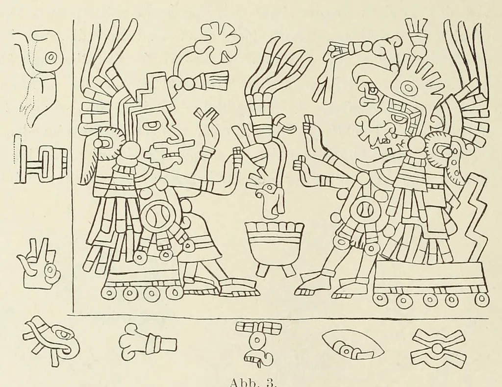 An illustration from Codex Borgia, eine altmexikanische Bilderschrift der Bibliothek der Congregatio de propaganda fide, 1904, leaf 12