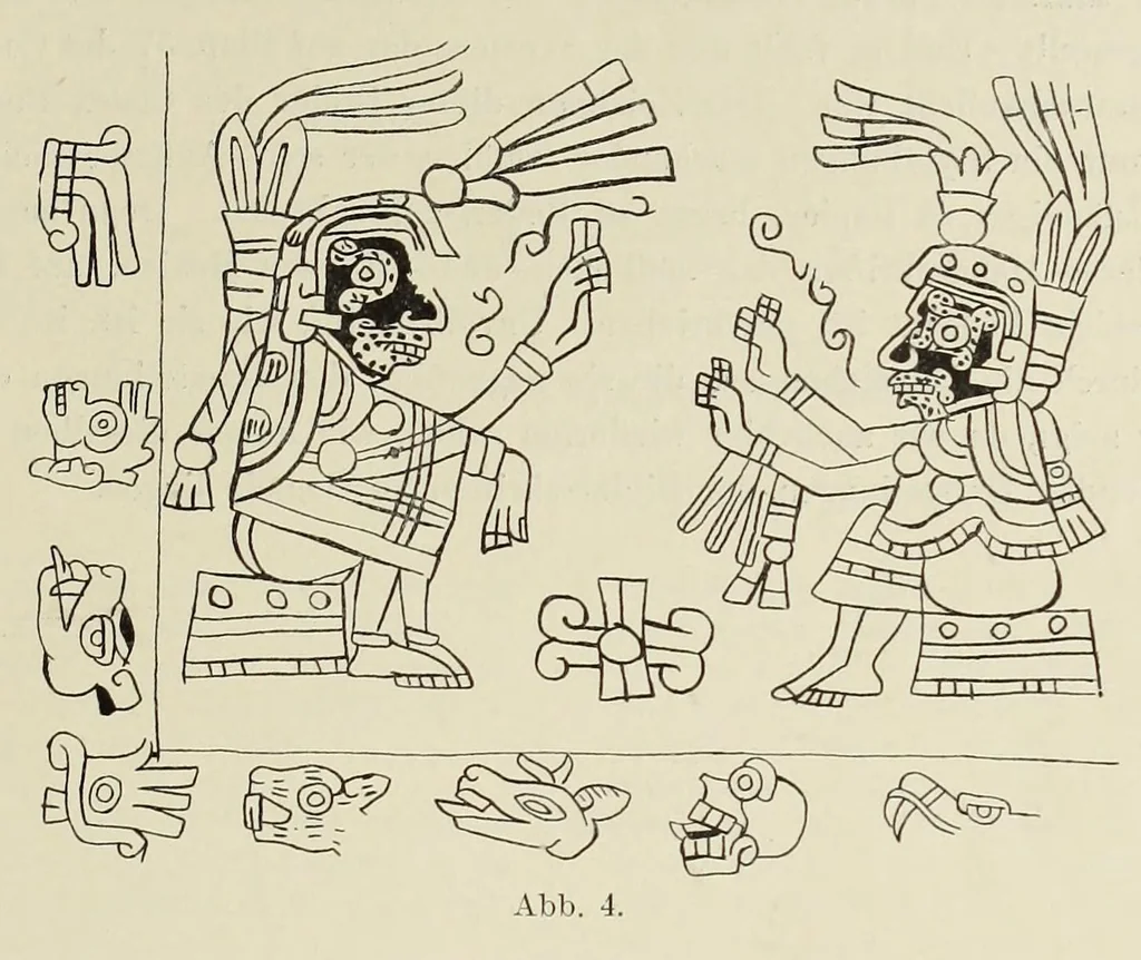 An illustration from Codex Borgia, eine altmexikanische Bilderschrift der Bibliothek der Congregatio de propaganda fide, 1904, leaf 13