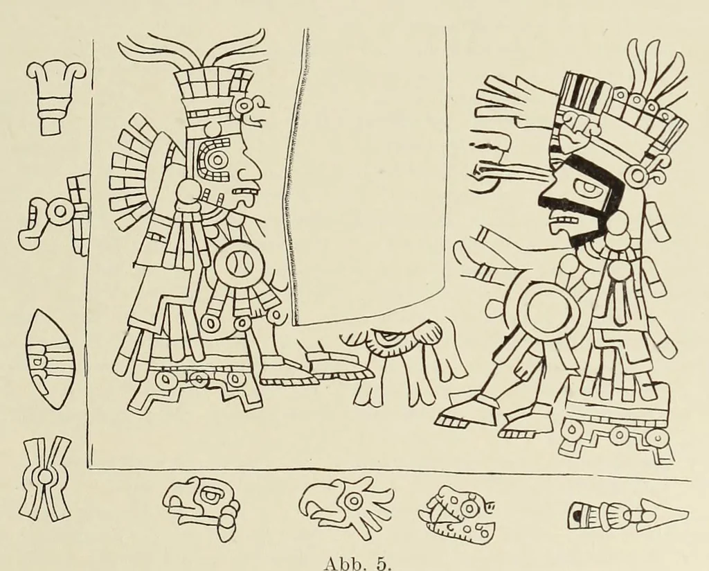 An illustration from Codex Borgia, eine altmexikanische Bilderschrift der Bibliothek der Congregatio de propaganda fide, 1904, leaf 13