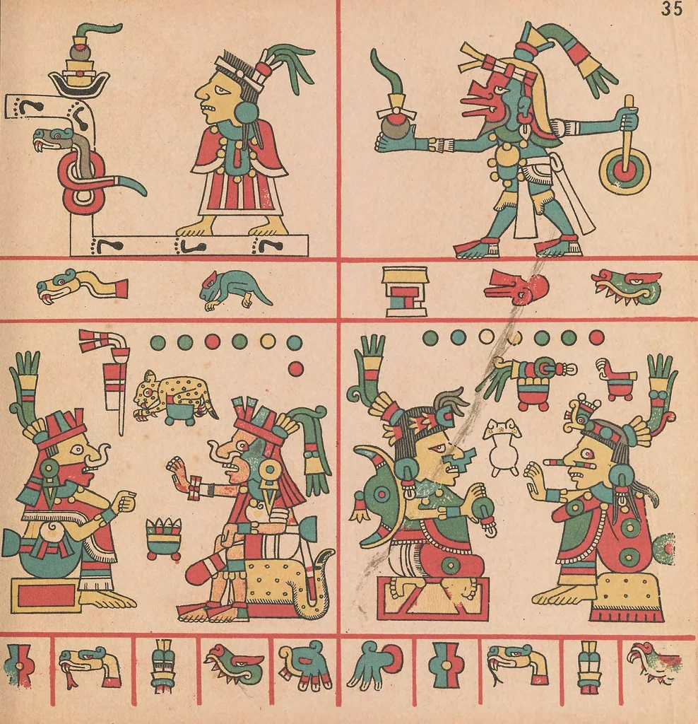 An illustration from Codex Fejérváry-Mayer : manuscrit Mexicain précolombien des Free Public Museums de Liverpool (M 12014), 1901, leaf 75