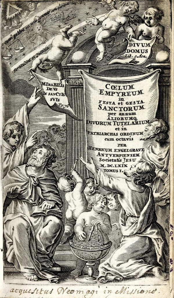 An illustration from Coelum empyreum : non vanis & fictis constellationum monstris belluatum, sed divum domus domini Jesu Christi, ejusque illibatae virginis matris Mariae, sanctorum apostolorum ... splendide illustratum : omnibus verbi Dei ecclesiastis, ad honestos mores, & divinos amores auditorum animis inserendos, morali doctrina, sacra ac profana historia lucubratum, 1669, leaf 7