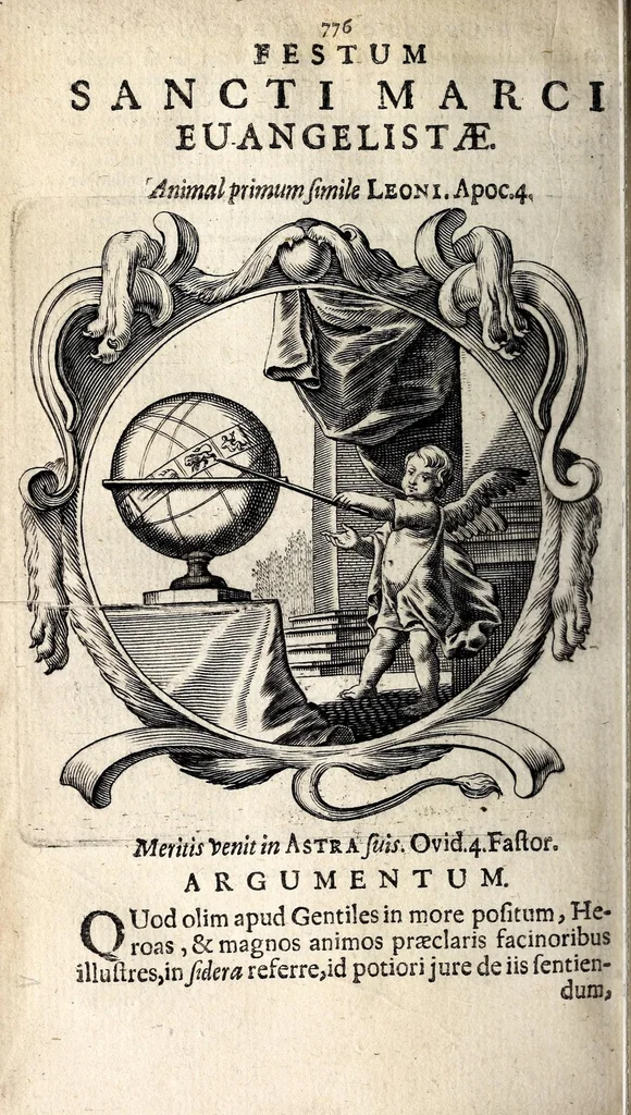 An illustration from Coelum empyreum : non vanis & fictis constellationum monstris belluatum, sed divum domus domini Jesu Christi, ejusque illibatae virginis matris Mariae, sanctorum apostolorum ... splendide illustratum : omnibus verbi Dei ecclesiastis, ad honestos mores, & divinos amores auditorum animis inserendos, morali doctrina, sacra ac profana historia lucubratum, 1669, leaf 806