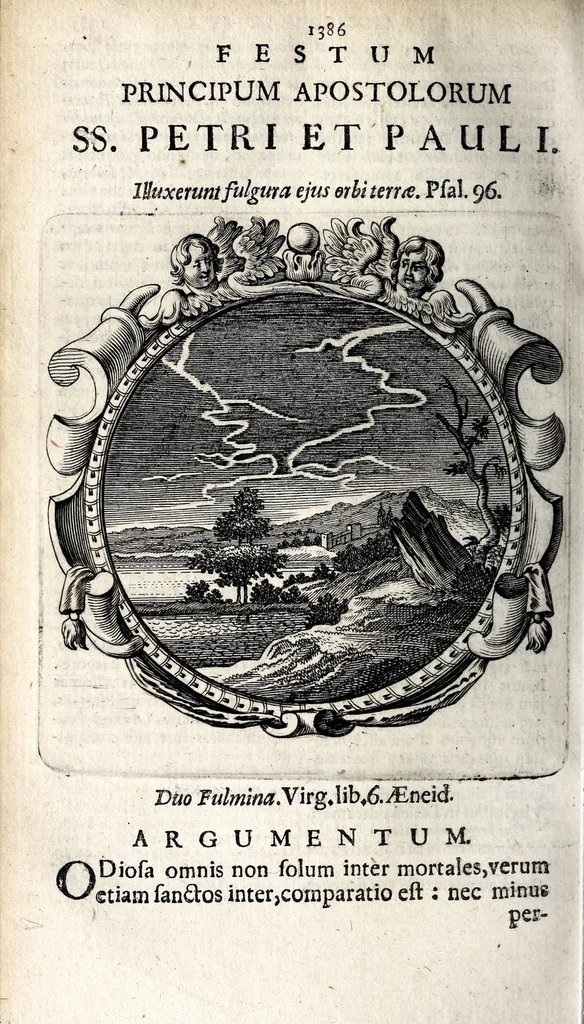 An illustration from Coelum empyreum : non vanis & fictis constellationum monstris belluatum, sed divum domus domini Jesu Christi, ejusque illibatae virginis matris Mariae, sanctorum apostolorum ... splendide illustratum : omnibus verbi Dei ecclesiastis, ad honestos mores, & divinos amores auditorum animis inserendos, morali doctrina, sacra ac profana historia lucubratum, 1669, leaf 582
