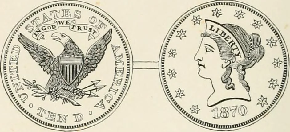 An illustration from The coin book, comprising a history of coinage; a synopsis of the mint laws of the United States; statistics of the coinage from 1792 to 1870; list of current gold and silver coins, and their custom house values; a dictionary of all coins known in ancient and modern times, with their values; the gold and silver product of each state to 1870; list of works on coinage; the daily price of gold from 1862 to 1871. With engravings of the principal coins, 1872, leaf 159