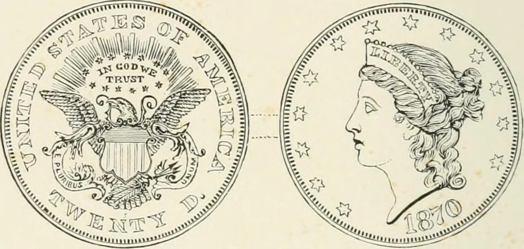 An illustration from The coin book, comprising a history of coinage; a synopsis of the mint laws of the United States; statistics of the coinage from 1792 to 1870; list of current gold and silver coins, and their custom house values; a dictionary of all coins known in ancient and modern times, with their values; the gold and silver product of each state to 1870; list of works on coinage; the daily price of gold from 1862 to 1871. With engravings of the principal coins, 1872, leaf 159