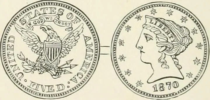 An illustration from The coin book, comprising a history of coinage; a synopsis of the mint laws of the United States; statistics of the coinage from 1792 to 1870; list of current gold and silver coins, and their custom house values; a dictionary of all coins known in ancient and modern times, with their values; the gold and silver product of each state to 1870; list of works on coinage; the daily price of gold from 1862 to 1871. With engravings of the principal coins, 1872, leaf 159