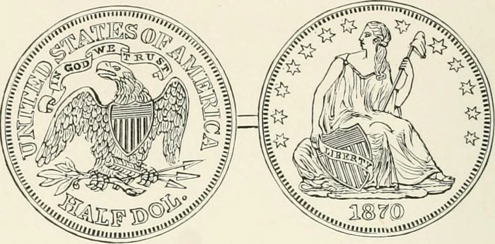 An illustration from The coin book, comprising a history of coinage; a synopsis of the mint laws of the United States; statistics of the coinage from 1792 to 1870; list of current gold and silver coins, and their custom house values; a dictionary of all coins known in ancient and modern times, with their values; the gold and silver product of each state to 1870; list of works on coinage; the daily price of gold from 1862 to 1871. With engravings of the principal coins, 1872, leaf 163
