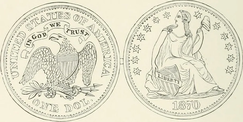 An illustration from The coin book, comprising a history of coinage; a synopsis of the mint laws of the United States; statistics of the coinage from 1792 to 1870; list of current gold and silver coins, and their custom house values; a dictionary of all coins known in ancient and modern times, with their values; the gold and silver product of each state to 1870; list of works on coinage; the daily price of gold from 1862 to 1871. With engravings of the principal coins, 1872, leaf 163