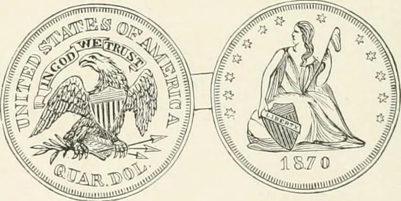 An illustration from The coin book, comprising a history of coinage; a synopsis of the mint laws of the United States; statistics of the coinage from 1792 to 1870; list of current gold and silver coins, and their custom house values; a dictionary of all coins known in ancient and modern times, with their values; the gold and silver product of each state to 1870; list of works on coinage; the daily price of gold from 1862 to 1871. With engravings of the principal coins, 1872, leaf 163