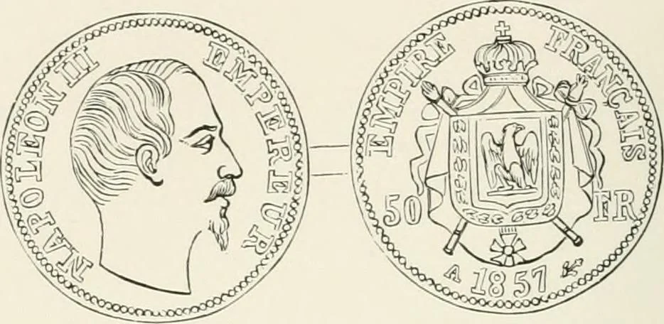 An illustration from The coin book, comprising a history of coinage; a synopsis of the mint laws of the United States; statistics of the coinage from 1792 to 1870; list of current gold and silver coins, and their custom house values; a dictionary of all coins known in ancient and modern times, with their values; the gold and silver product of each state to 1870; list of works on coinage; the daily price of gold from 1862 to 1871. With engravings of the principal coins, 1872, leaf 167
