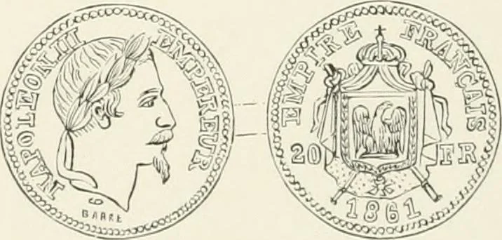 An illustration from The coin book, comprising a history of coinage; a synopsis of the mint laws of the United States; statistics of the coinage from 1792 to 1870; list of current gold and silver coins, and their custom house values; a dictionary of all coins known in ancient and modern times, with their values; the gold and silver product of each state to 1870; list of works on coinage; the daily price of gold from 1862 to 1871. With engravings of the principal coins, 1872, leaf 167