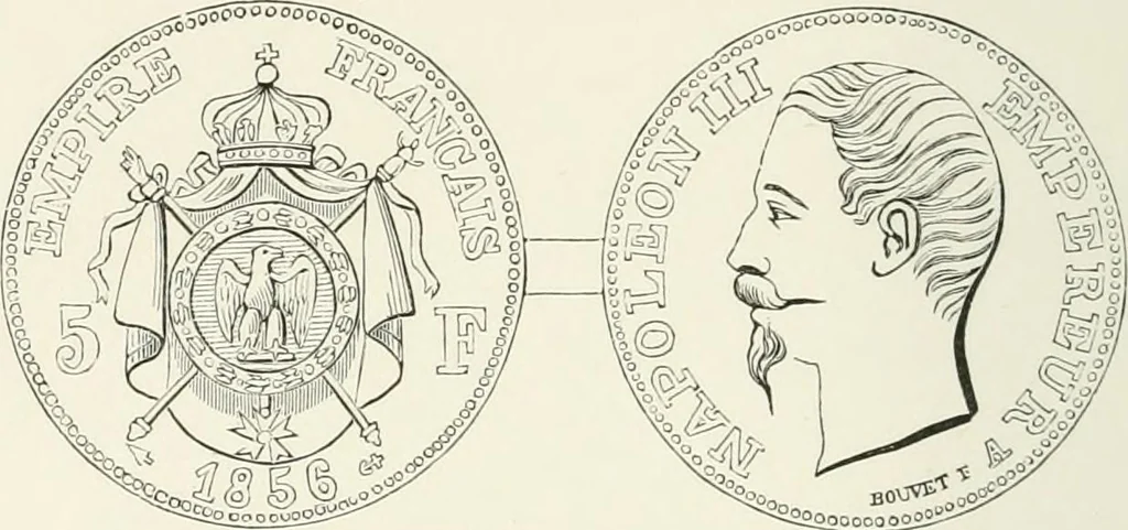 An illustration from The coin book, comprising a history of coinage; a synopsis of the mint laws of the United States; statistics of the coinage from 1792 to 1870; list of current gold and silver coins, and their custom house values; a dictionary of all coins known in ancient and modern times, with their values; the gold and silver product of each state to 1870; list of works on coinage; the daily price of gold from 1862 to 1871. With engravings of the principal coins, 1872, leaf 171