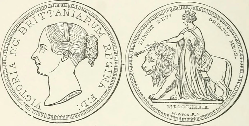 An illustration from The coin book, comprising a history of coinage; a synopsis of the mint laws of the United States; statistics of the coinage from 1792 to 1870; list of current gold and silver coins, and their custom house values; a dictionary of all coins known in ancient and modern times, with their values; the gold and silver product of each state to 1870; list of works on coinage; the daily price of gold from 1862 to 1871. With engravings of the principal coins, 1872, leaf 179