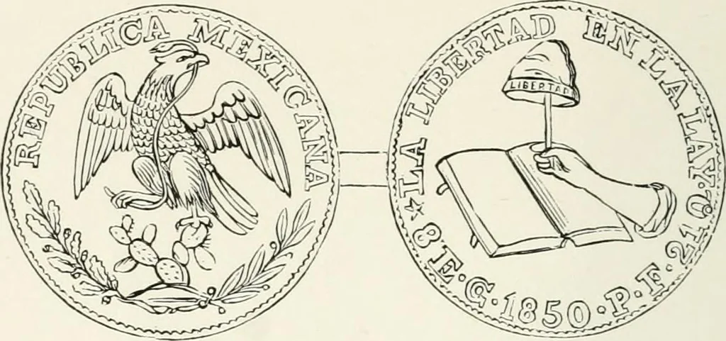 An illustration from The coin book, comprising a history of coinage; a synopsis of the mint laws of the United States; statistics of the coinage from 1792 to 1870; list of current gold and silver coins, and their custom house values; a dictionary of all coins known in ancient and modern times, with their values; the gold and silver product of each state to 1870; list of works on coinage; the daily price of gold from 1862 to 1871. With engravings of the principal coins, 1872, leaf 191