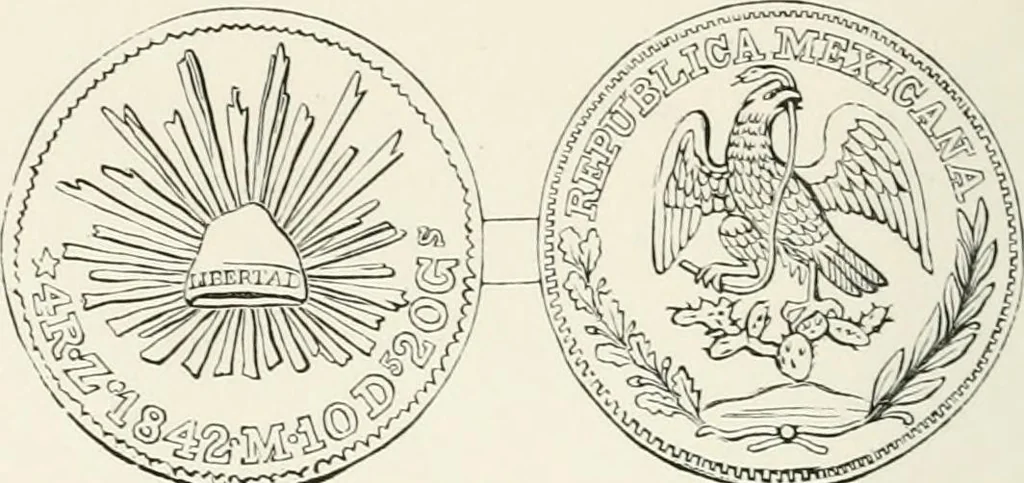 An illustration from The coin book, comprising a history of coinage; a synopsis of the mint laws of the United States; statistics of the coinage from 1792 to 1870; list of current gold and silver coins, and their custom house values; a dictionary of all coins known in ancient and modern times, with their values; the gold and silver product of each state to 1870; list of works on coinage; the daily price of gold from 1862 to 1871. With engravings of the principal coins, 1872, leaf 195