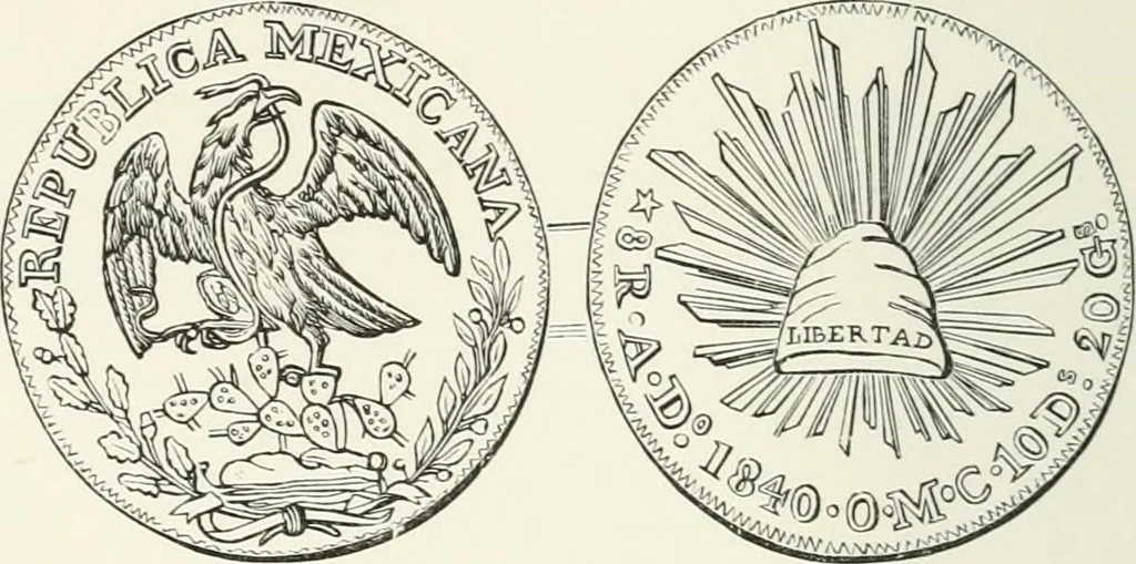 An illustration from The coin book, comprising a history of coinage; a synopsis of the mint laws of the United States; statistics of the coinage from 1792 to 1870; list of current gold and silver coins, and their custom house values; a dictionary of all coins known in ancient and modern times, with their values; the gold and silver product of each state to 1870; list of works on coinage; the daily price of gold from 1862 to 1871. With engravings of the principal coins, 1872, leaf 195