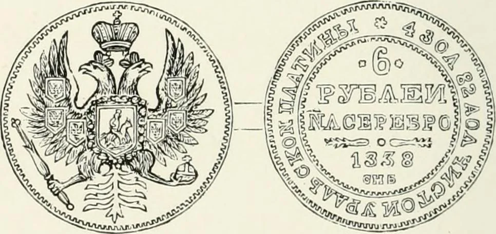 An illustration from The coin book, comprising a history of coinage; a synopsis of the mint laws of the United States; statistics of the coinage from 1792 to 1870; list of current gold and silver coins, and their custom house values; a dictionary of all coins known in ancient and modern times, with their values; the gold and silver product of each state to 1870; list of works on coinage; the daily price of gold from 1862 to 1871. With engravings of the principal coins, 1872, leaf 207