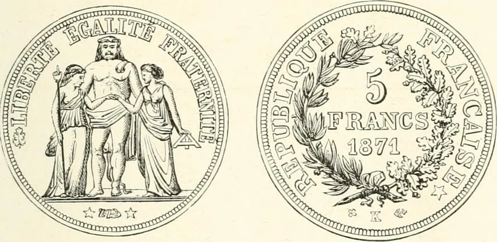 An illustration from The coin book, comprising a history of coinage; a synopsis of the mint laws of the United States; statistics of the coinage from 1792 to 1870; list of current gold and silver coins, and their custom house values; a dictionary of all coins known in ancient and modern times, with their values; the gold and silver product of each state to 1870; list of works on coinage; the daily price of gold from 1862 to 1871. With engravings of the principal coins, 1872, leaf 226