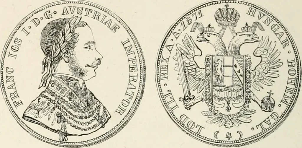 An illustration from The coin book, comprising a history of coinage; a synopsis of the mint laws of the United States; statistics of the coinage from 1792 to 1870; list of current gold and silver coins, and their custom house values; a dictionary of all coins known in ancient and modern times, with their values; the gold and silver product of each state to 1870; list of works on coinage; the daily price of gold from 1862 to 1871. With engravings of the principal coins, 1872, leaf 229