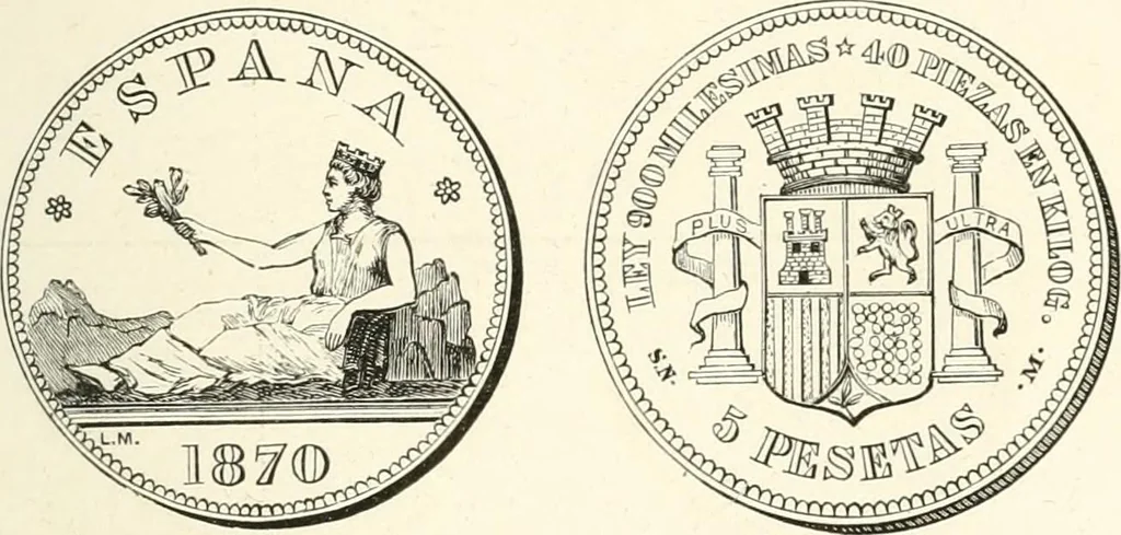 An illustration from The coin book, comprising a history of coinage; a synopsis of the mint laws of the United States; statistics of the coinage from 1792 to 1870; list of current gold and silver coins, and their custom house values; a dictionary of all coins known in ancient and modern times, with their values; the gold and silver product of each state to 1870; list of works on coinage; the daily price of gold from 1862 to 1871. With engravings of the principal coins, 1872, leaf 230