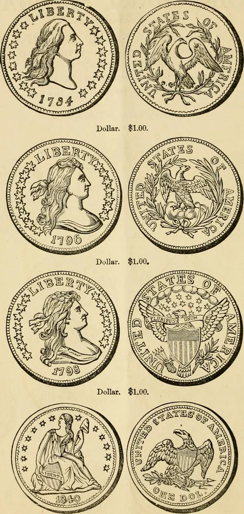 An illustration from coin chart manual : supplementary to Thompson's Bank note and commercial reporter, containing facsimiles of all the gold and silver coins found in circulation, throughout the world, with the intrinsic value of each, The, 1879, leaf 11