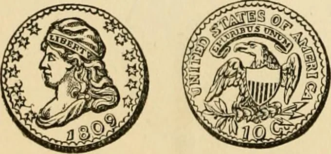 An illustration from coin chart manual : supplementary to Thompson's Bank note and commercial reporter, containing facsimiles of all the gold and silver coins found in circulation, throughout the world, with the intrinsic value of each, The, 1879, leaf 13