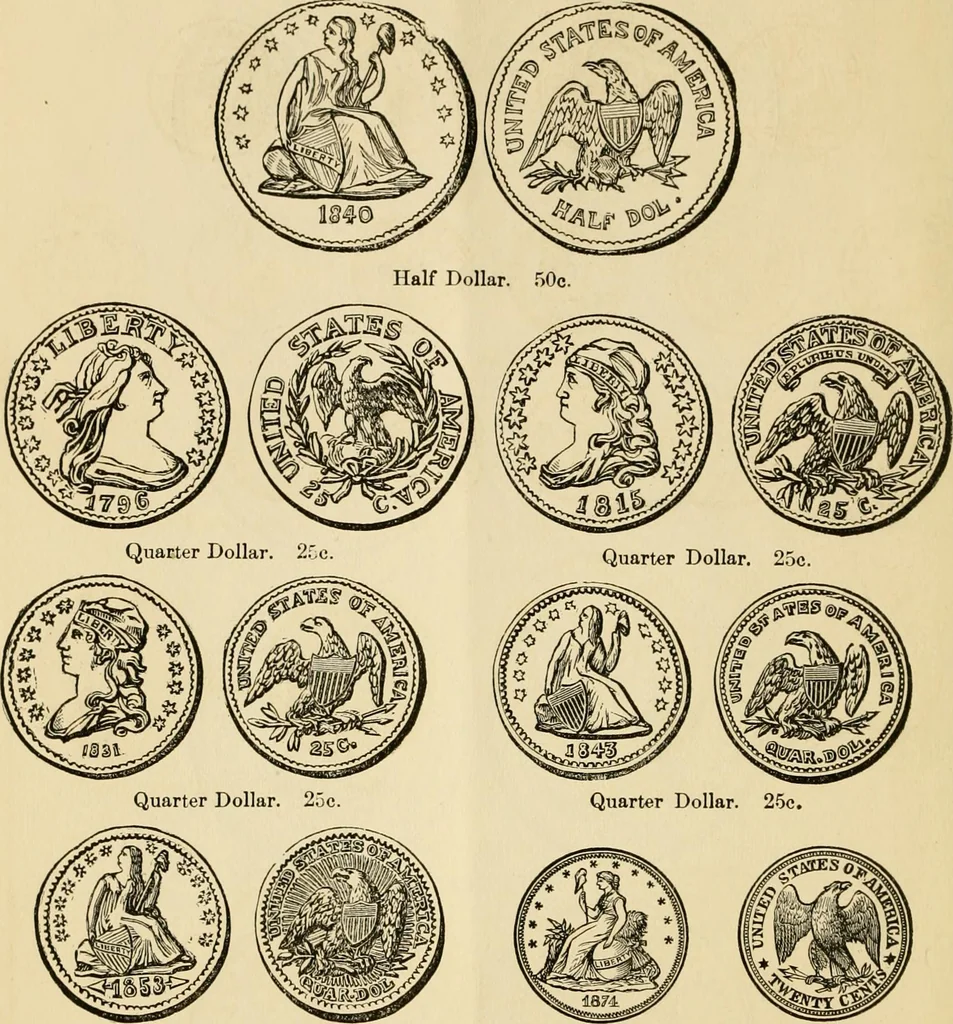 An illustration from coin chart manual : supplementary to Thompson's Bank note and commercial reporter, containing facsimiles of all the gold and silver coins found in circulation, throughout the world, with the intrinsic value of each, The, 1879, leaf 13