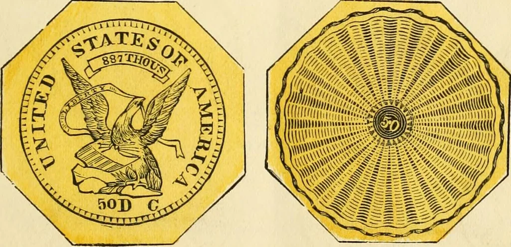 An illustration from coin chart manual : supplementary to Thompson's Bank note and commercial reporter, containing facsimiles of all the gold and silver coins found in circulation, throughout the world, with the intrinsic value of each, The, 1879, leaf 14