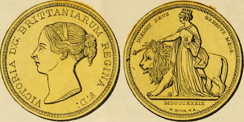 An illustration from coin chart manual : supplementary to Thompson's Bank note and commercial reporter, containing facsimiles of all the gold and silver coins found in circulation, throughout the world, with the intrinsic value of each, The, 1879, leaf 15