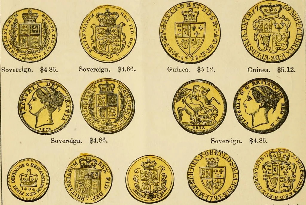 An illustration from coin chart manual : supplementary to Thompson's Bank note and commercial reporter, containing facsimiles of all the gold and silver coins found in circulation, throughout the world, with the intrinsic value of each, The, 1879, leaf 15