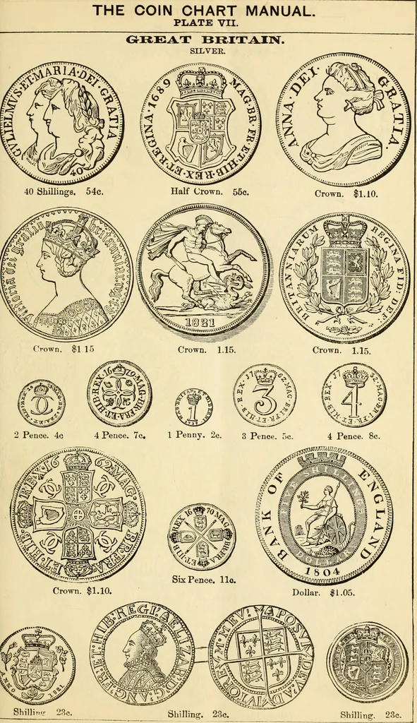 An illustration from coin chart manual : supplementary to Thompson's Bank note and commercial reporter, containing facsimiles of all the gold and silver coins found in circulation, throughout the world, with the intrinsic value of each, The, 1879, leaf 16